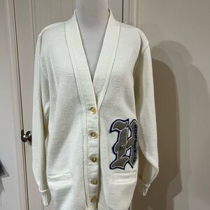 Vintage White letterman Cardigan Sweater with Blue Letter Patch with pin